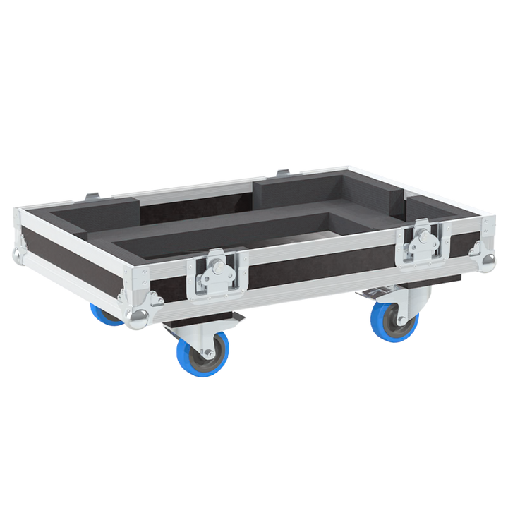Open view of the projector flight case interior highlighting the custom shock-absorbing foam lining designed to securely hold the Barco FQ 80-Q9
