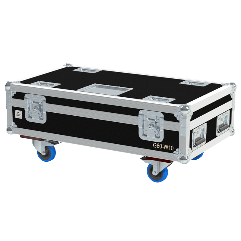 Exterior front view of the Barco G60-W10 projector flight case with PVC finish and heavy-duty 100mm wheels by ALP Flight Cases