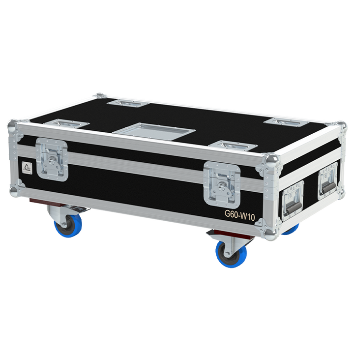 Exterior front view of the Barco G60-W10 projector flight case with PVC finish and heavy-duty 100mm wheels by ALP Flight Cases