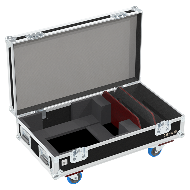 Open view of the projector flight case interior highlighting the custom shock-absorbing foam lining designed to securely hold the Barco G60-W10