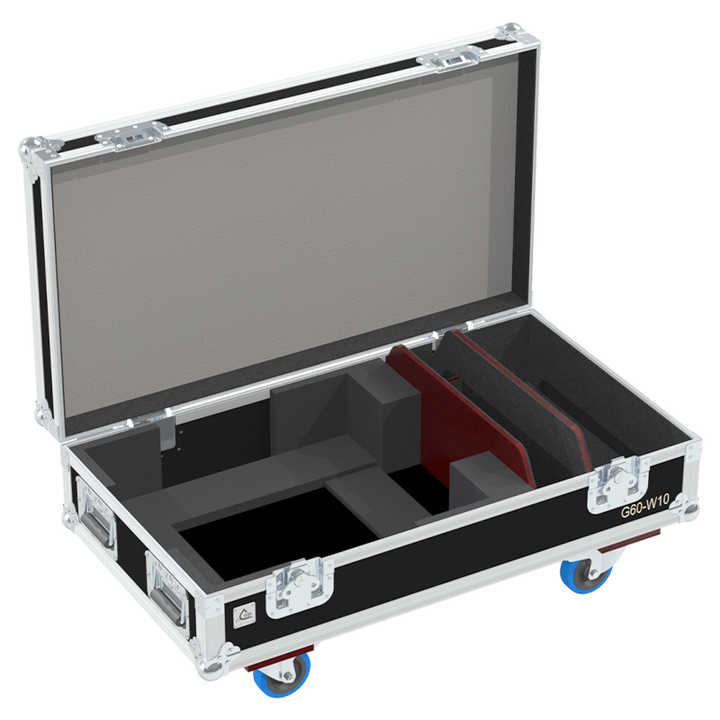 Open view of the projector flight case interior highlighting the custom shock-absorbing foam lining designed to securely hold the Barco G60-W10