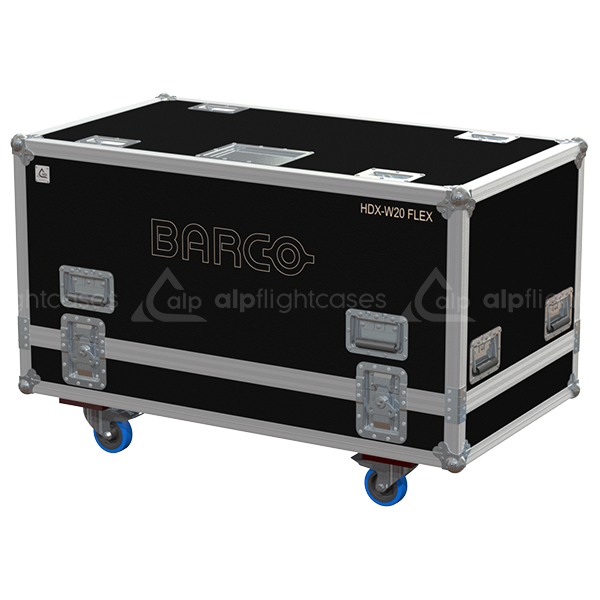Exterior front view of the Barco HDX-W20 FLEX projector flight case with PVC finish and heavy-duty 100mm wheels by ALP Flight Cases