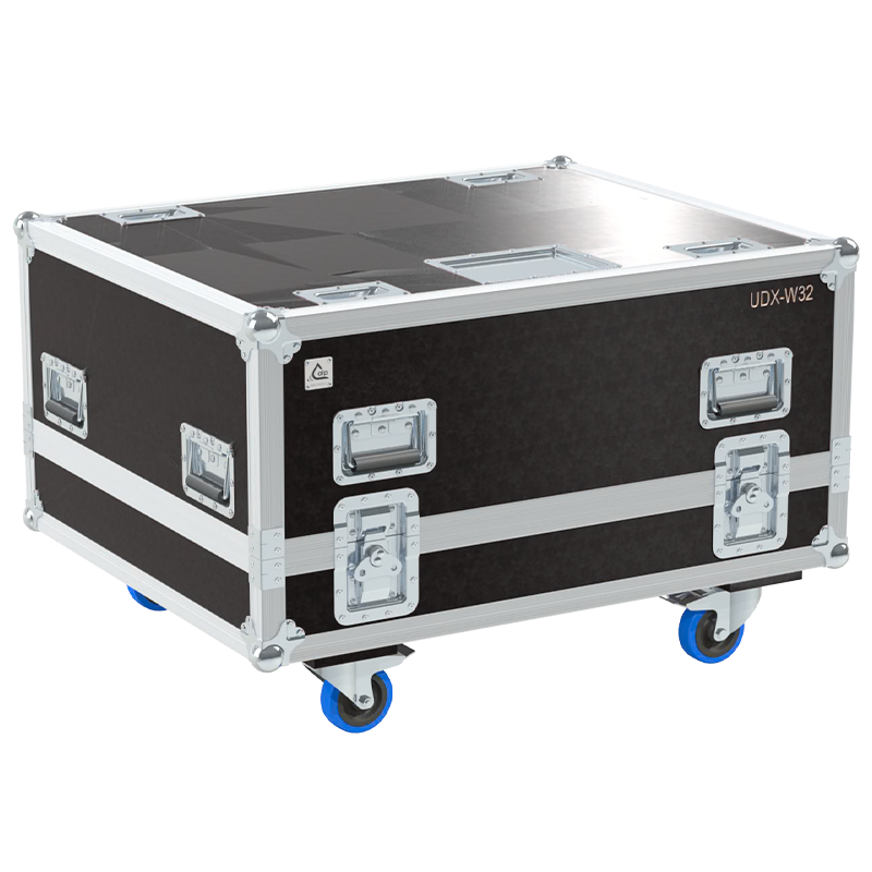 Exterior front view of the Barco UDX-W32 projector flight case with PVC finish and heavy-duty 100mm wheels by ALP Flight Cases