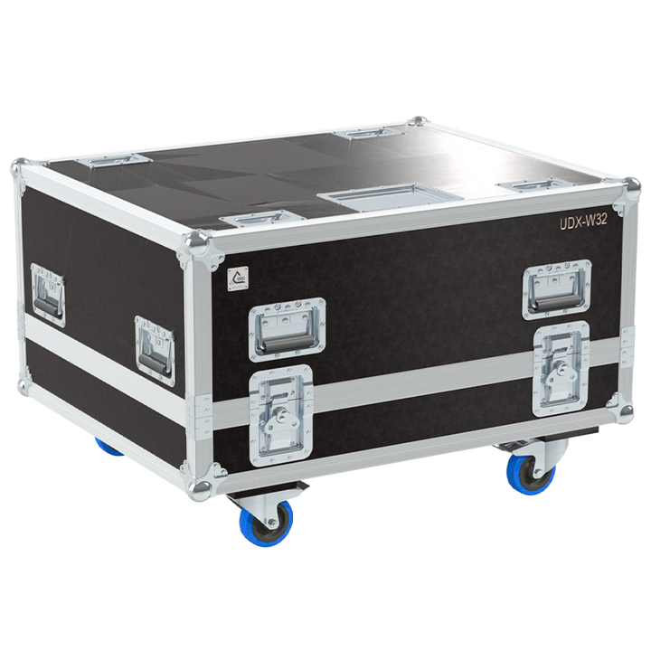 Exterior front view of the Barco UDX-W32 projector flight case with PVC finish and heavy-duty 100mm wheels by ALP Flight Cases