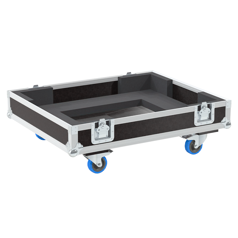 Open view of the projector flight case interior highlighting the custom shock-absorbing foam lining designed to securely hold the Barco UDX-W32