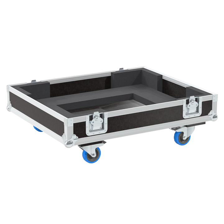 Open view of the projector flight case interior highlighting the custom shock-absorbing foam lining designed to securely hold the Barco UDX-W32