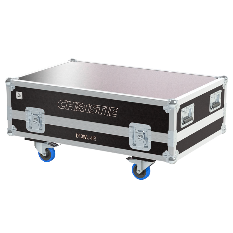 Exterior front view of the Christie D13WU-HS projector flight case with PVC finish and heavy-duty 100mm wheels by ALP Flight Cases