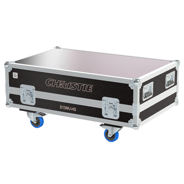 Exterior front view of the Christie D13WU-HS projector flight case with PVC finish and heavy-duty 100mm wheels by ALP Flight Cases