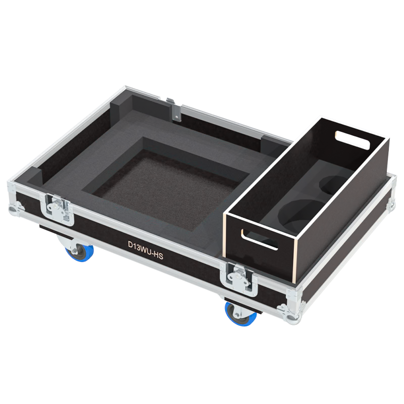 Open view of the projector flight case interior highlighting the custom foam lining designed to securely hold the Christie D13WU-HS