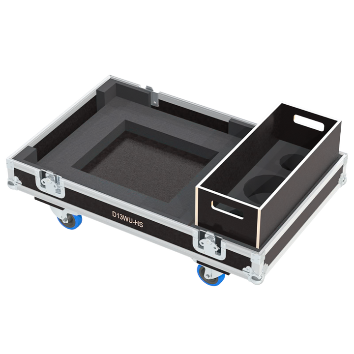 Open view of the projector flight case interior highlighting the custom foam lining designed to securely hold the Christie D13WU-HS