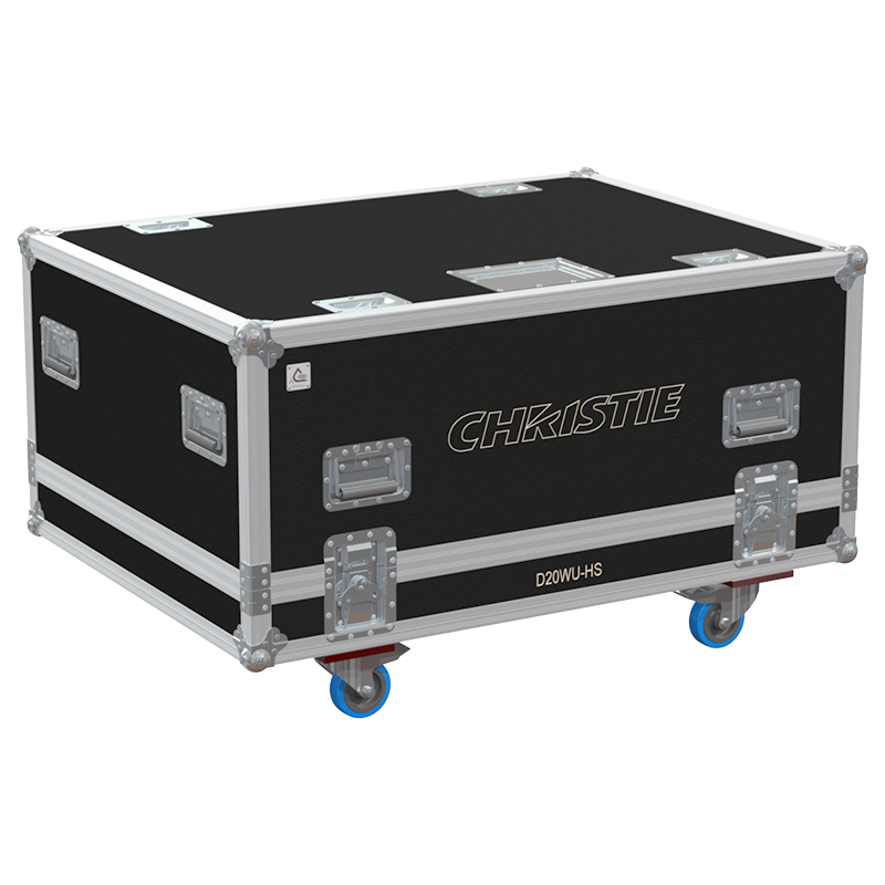 Exterior front view of the Christie D20WU-HS projector flight case with PVC finish and heavy-duty 100mm wheels by ALP Flight Cases