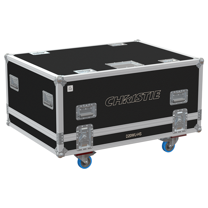 Exterior front view of the Christie D20WU-HS projector flight case with PVC finish and heavy-duty 100mm wheels by ALP Flight Cases