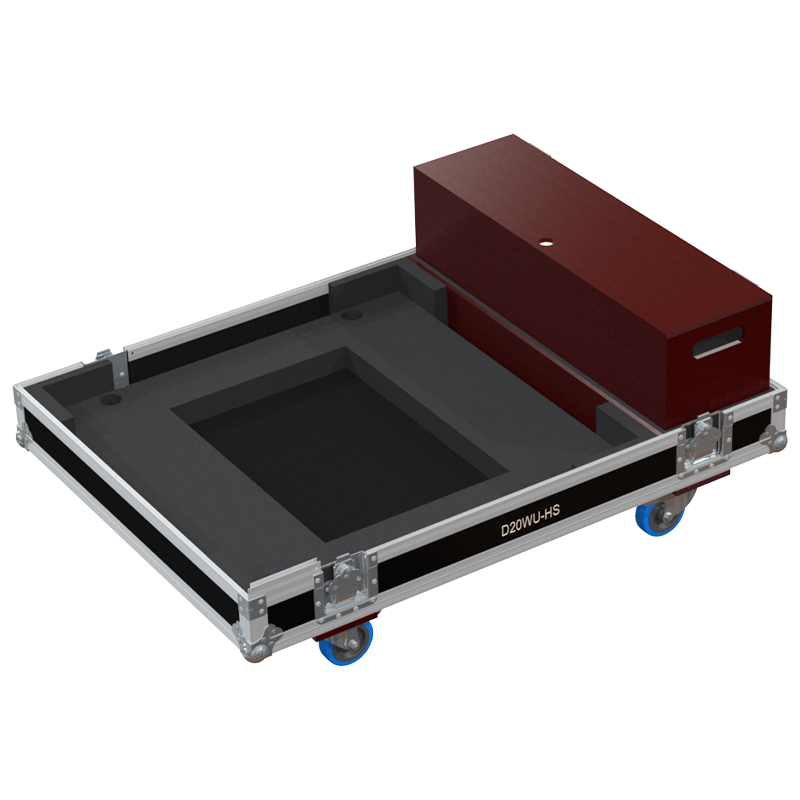 Open view of the projector flight case interior highlighting the custom shock-absorbing foam lining designed to securely hold the Christie D20WU-HS