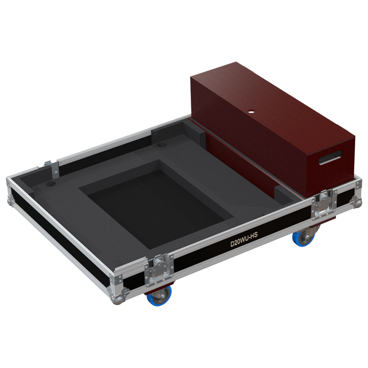 Open view of the projector flight case interior highlighting the custom shock-absorbing foam lining designed to securely hold the Christie D20WU-HS