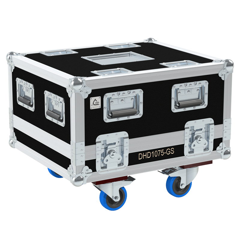 Exterior front view of the professional Christie DHD1075-GS projector flight case featuring 10mm Birch Plywood, durable PVC finish, and heavy-duty wheels by ALP Flight Cases