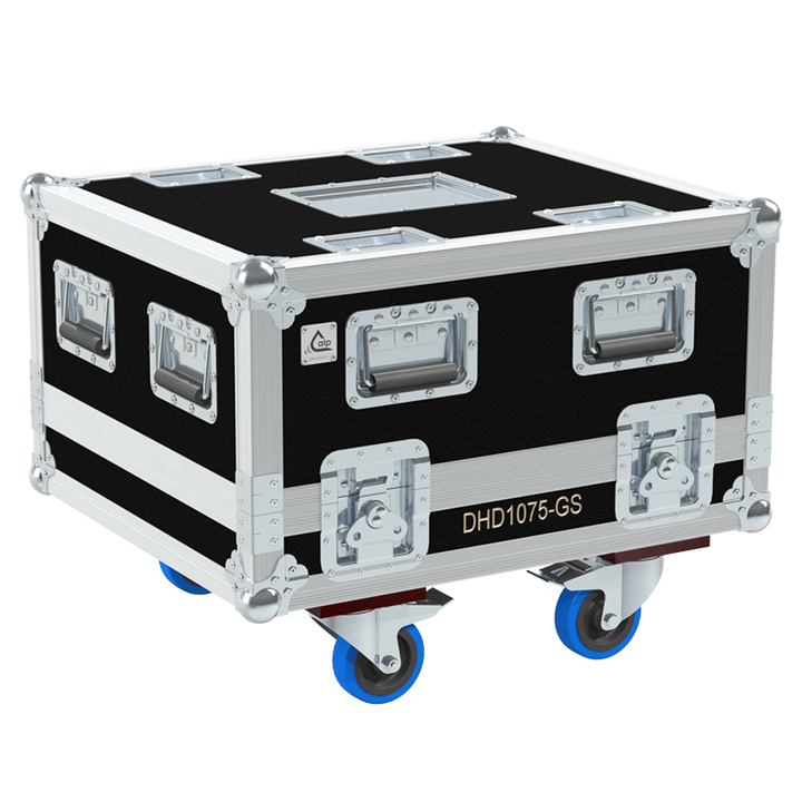 Exterior front view of the professional Christie DHD1075-GS projector flight case featuring 10mm Birch Plywood, durable PVC finish, and heavy-duty wheels by ALP Flight Cases