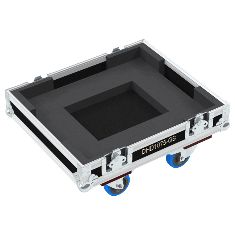 Open view of the projector flight case interior highlighting the custom shock-absorbing foam lining precisely engineered for the Christie DHD1075-GS chassis