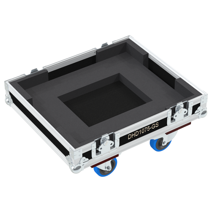 Open view of the projector flight case interior highlighting the custom shock-absorbing foam lining precisely engineered for the Christie DHD1075-GS chassis