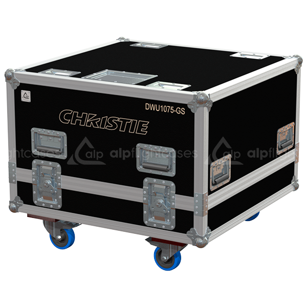 Exterior front view of the Christie DWU1075-GS projector flight case with PVC finish and heavy-duty 100mm wheels by ALP Flight Cases