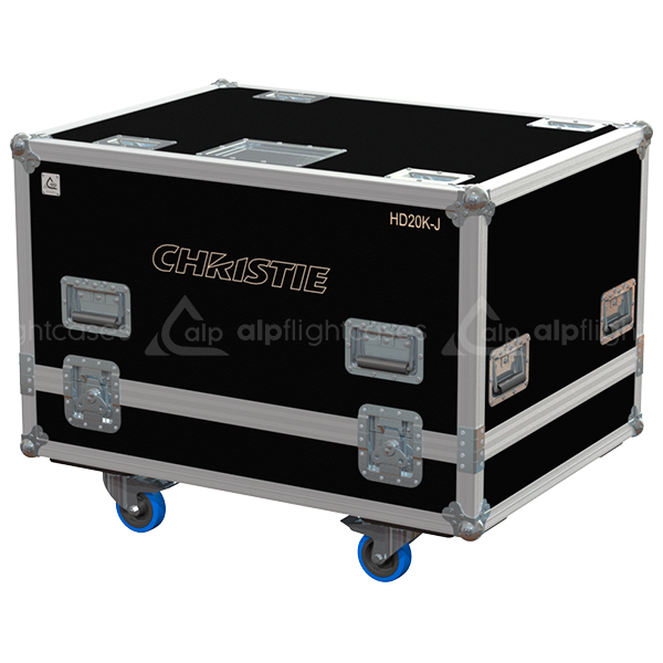 Exterior front view of the Christie HD20K-J projector flight case with PVC finish and heavy-duty 100mm wheels by ALP Flight Cases