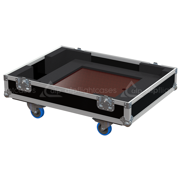 Open view of the large projector flight case interior highlighting the custom shock-absorbing foam lining designed to securely hold the Christie HD20K-J