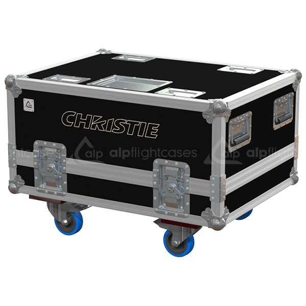 Exterior front view of the Christie LWU projector flight case featuring a durable PVC finish and heavy-duty 100mm wheels by ALP Flight Cases