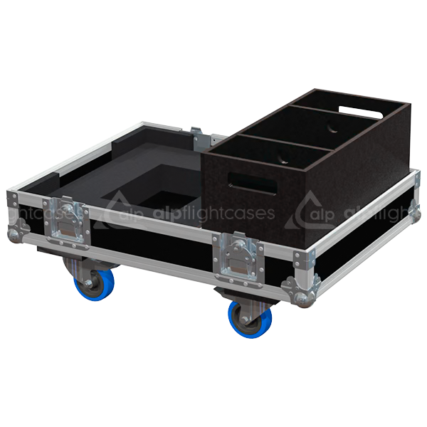 Open view of the projector flight case interior highlighting the custom shock-absorbing foam lining and the integrated Dog House accessory compartment