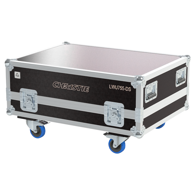 Exterior front view of the professional Christie LWU755-DS projector flight case featuring 10mm Birch Plywood, durable PVC finish, and heavy-duty wheels by ALP Flight Cases