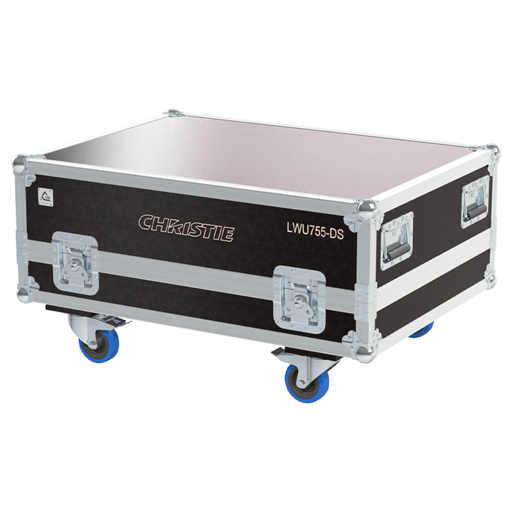 Exterior front view of the professional Christie LWU755-DS projector flight case featuring 10mm Birch Plywood, durable PVC finish, and heavy-duty wheels by ALP Flight Cases