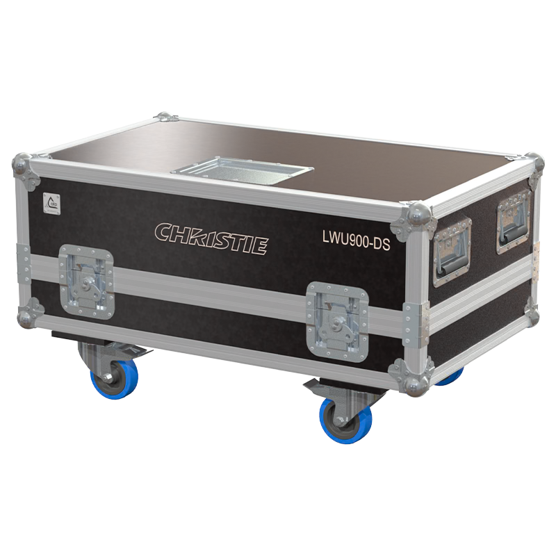 Exterior front view of the Christie LWU900-DS V2 projector flight case with PVC finish and heavy-duty 100mm wheels by ALP Flight Cases
