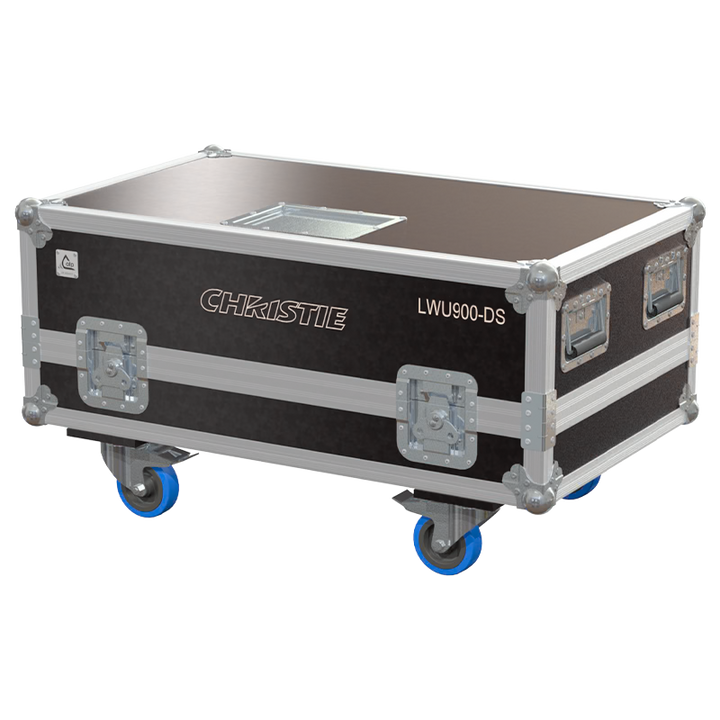 Exterior front view of the Christie LWU900-DS V2 projector flight case with PVC finish and heavy-duty 100mm wheels by ALP Flight Cases