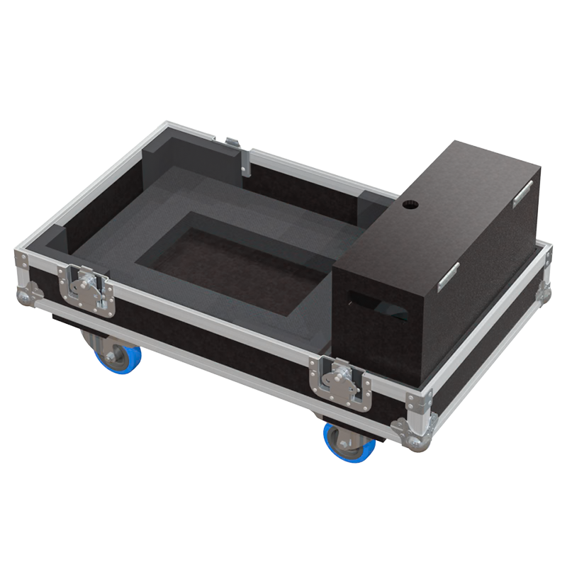 Open view of the projector flight case interior highlighting the custom foam lining designed to securely hold the Christie LWU900-DS V2