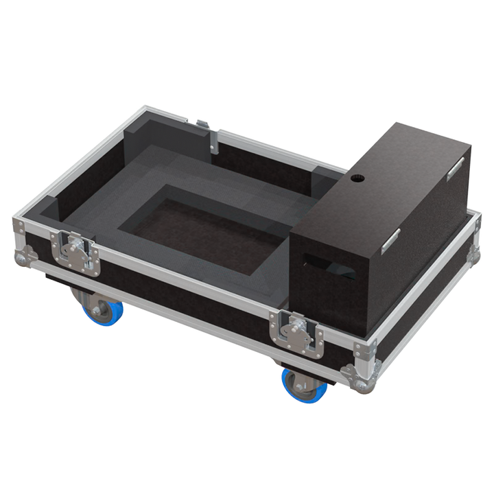 Open view of the projector flight case interior highlighting the custom foam lining designed to securely hold the Christie LWU900-DS V2