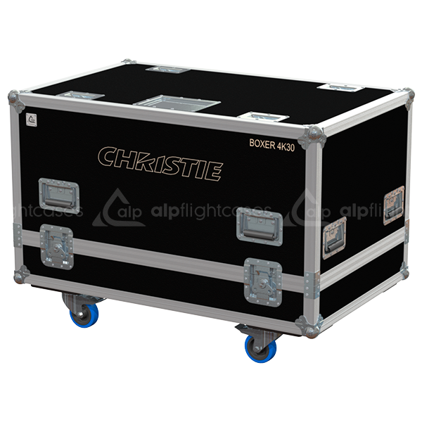 Exterior front view of the massive Christie Roadster Boxer 4K30 projector flight case with PVC finish and heavy-duty 100mm wheels by ALP Flight Cases