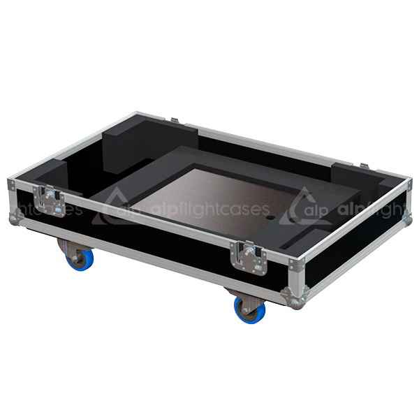 Open view of the large projector flight case interior highlighting the custom shock-absorbing foam lining designed to securely hold the Christie Roadster Boxer 4K30