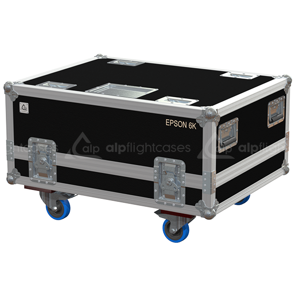 Exterior front view of the Epson 6K and lens flight case with PVC finish and heavy-duty 100mm wheels by ALP Flight Cases