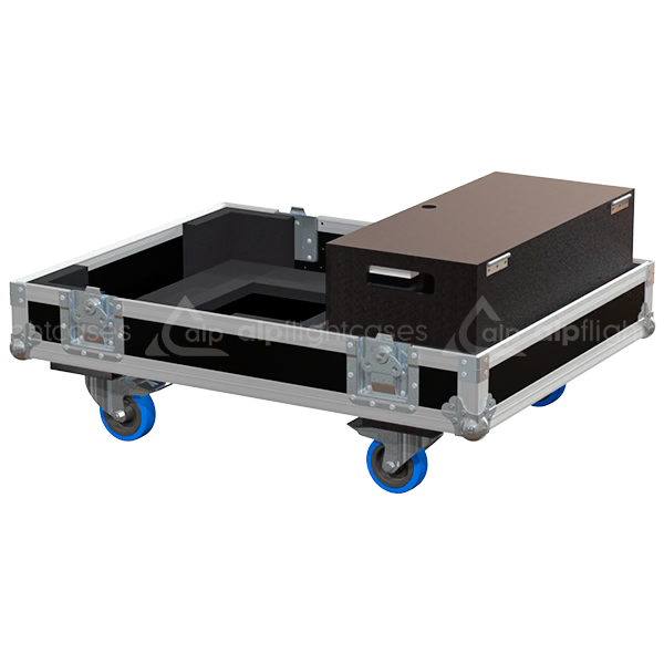 Open view of the projector flight case interior highlighting the custom shock-absorbing foam lining designed to securely hold the Epson 6K and its lens