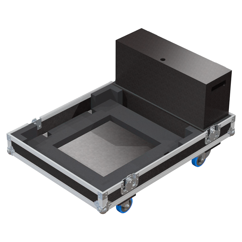 Open view of the projector flight case interior highlighting the custom shock-absorbing foam lining precisely engineered for the Epson EB-L1075U mounted in its frame