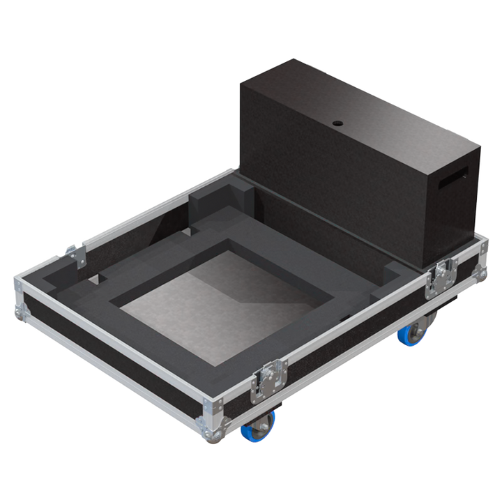 Open view of the projector flight case interior highlighting the custom shock-absorbing foam lining precisely engineered for the Epson EB-L1075U mounted in its frame