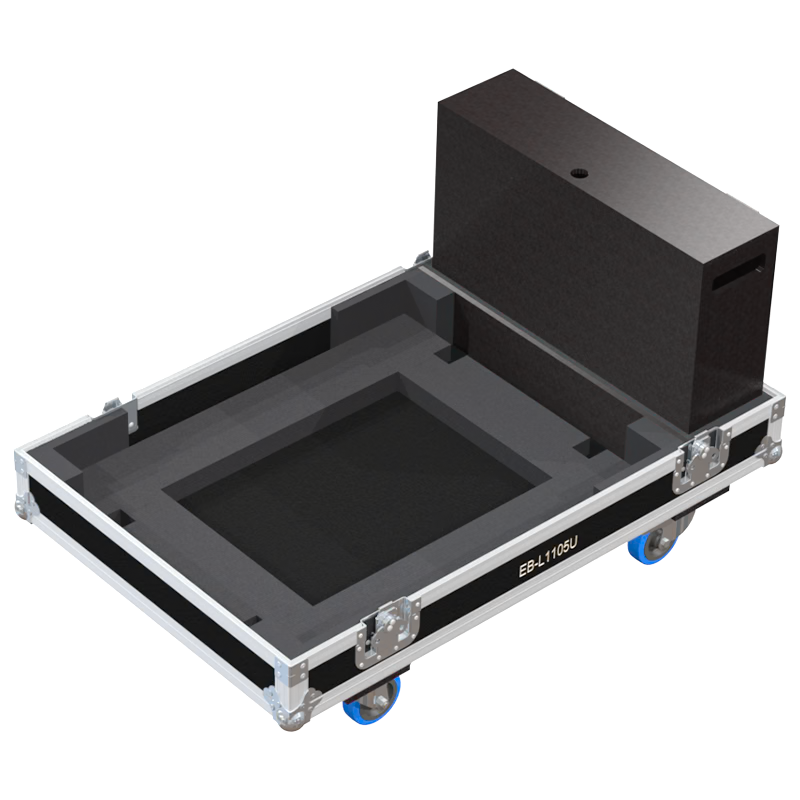 Open view of the projector flight case interior highlighting the custom shock-absorbing foam lining precisely engineered for the Epson EB-L1105U mounted in its frame