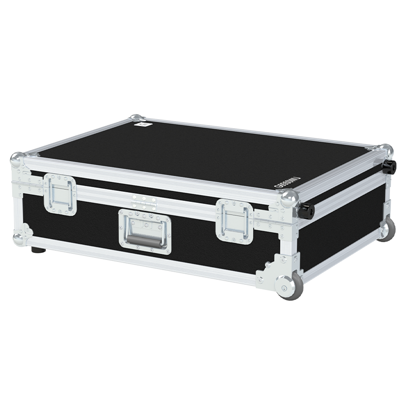 Rear exterior view of the flight case showcasing the structural integrity, heavy-duty Lidstays with Hinge, and professional touring aesthetic