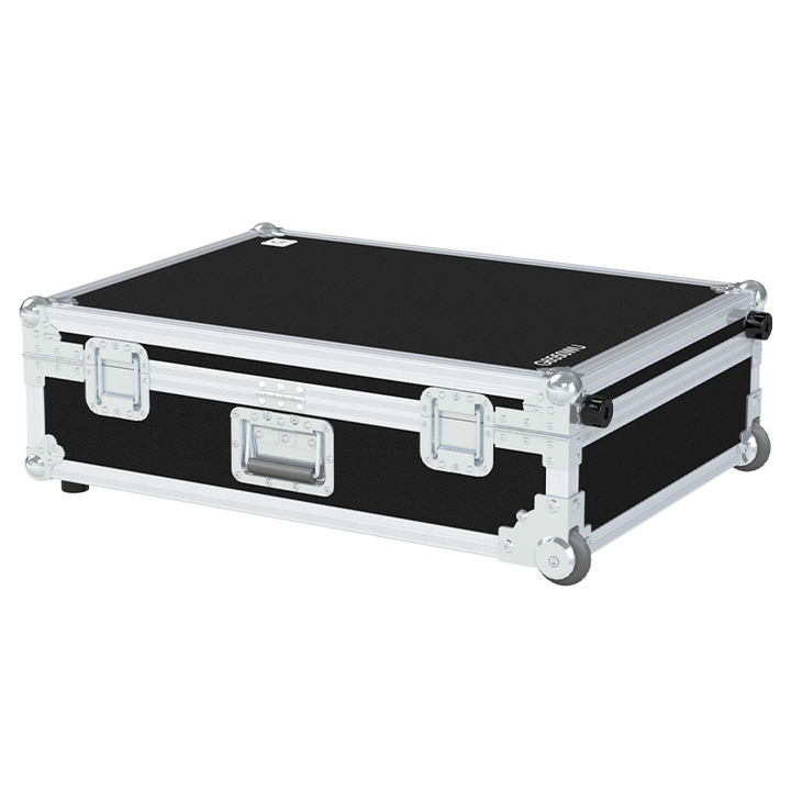 Rear exterior view of the flight case showcasing the structural integrity, heavy-duty Lidstays with Hinge, and professional touring aesthetic