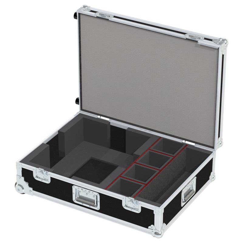 Open view of the projector flight case interior highlighting the custom shock-absorbing foam lining precisely engineered for the Epson G6550 WU chassis and 4 individual lens compartments