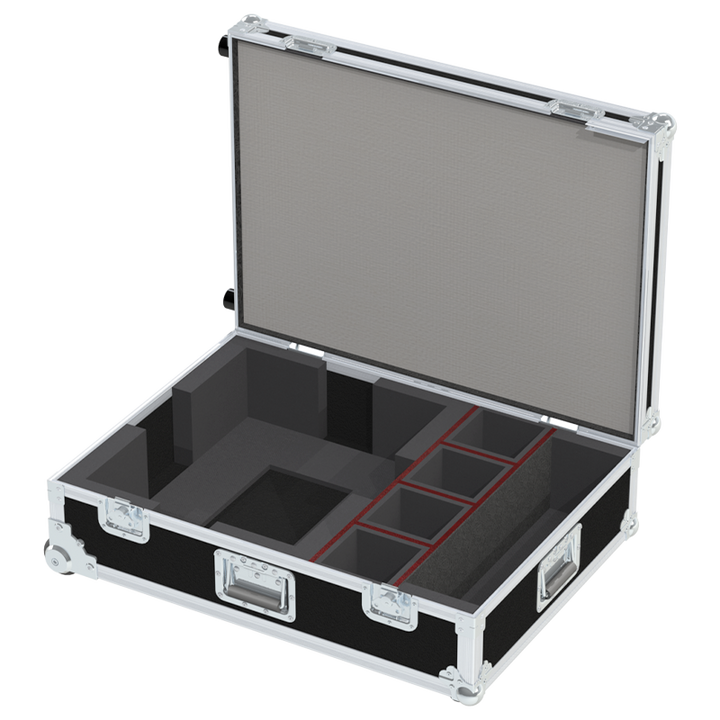 Open view of the projector flight case interior highlighting the custom shock-absorbing foam lining precisely engineered for the Epson G6550 WU chassis and 4 individual lens compartments
