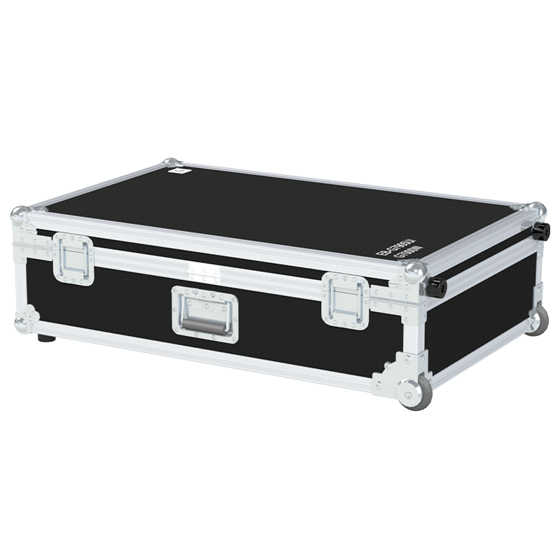 Rear exterior view of the flight case showcasing the structural integrity and the streamlined integration of the trolley system