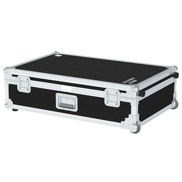 Rear exterior view of the flight case showcasing the structural integrity and the streamlined integration of the trolley system