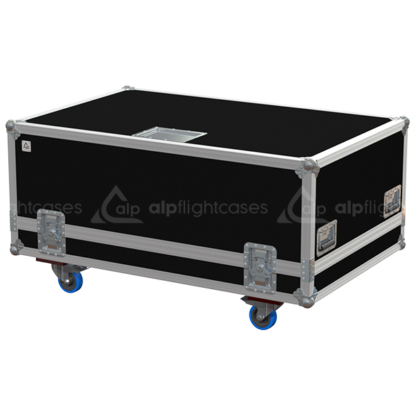 Exterior front view of the Panasonic PT-DZ21K 2000 projector flight case with PVC finish and heavy-duty 100mm wheels by ALP Flight Cases