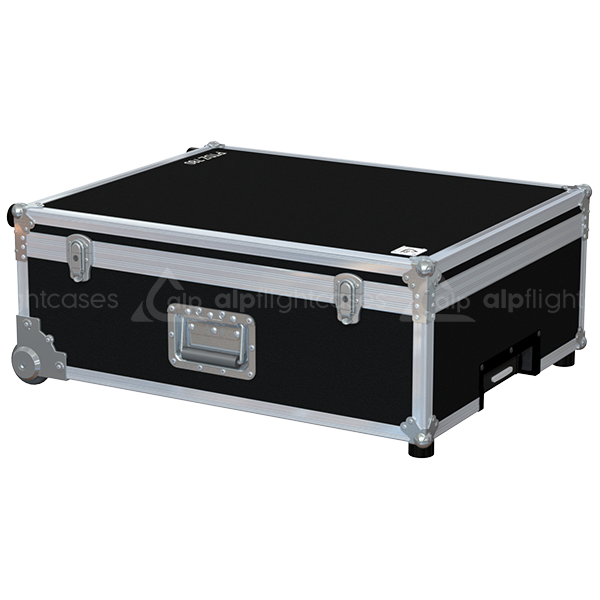 Exterior front view of the Panasonic PT-DZ780 projector flight case featuring a durable PVC finish and the 3-stage extendable trolley handle in use