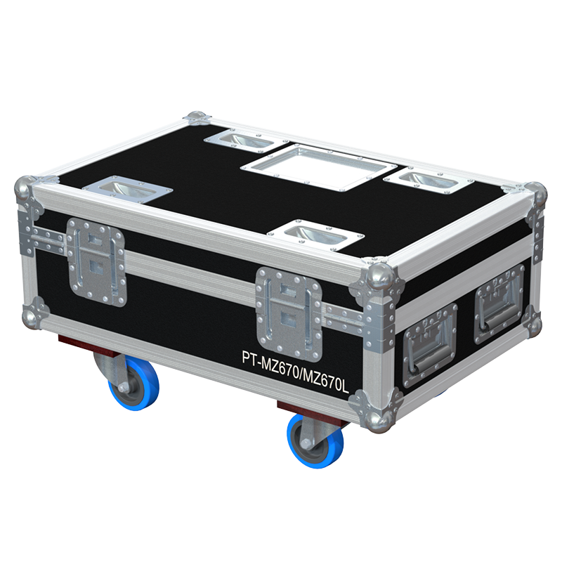 Rear exterior view of the flight case showcasing the structural integrity, heavy-duty Lidstays with Hinge, and professional touring aesthetic