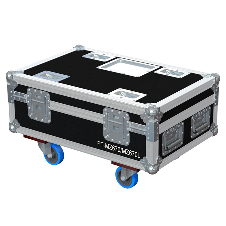 Rear exterior view of the flight case showcasing the structural integrity, heavy-duty Lidstays with Hinge, and professional touring aesthetic